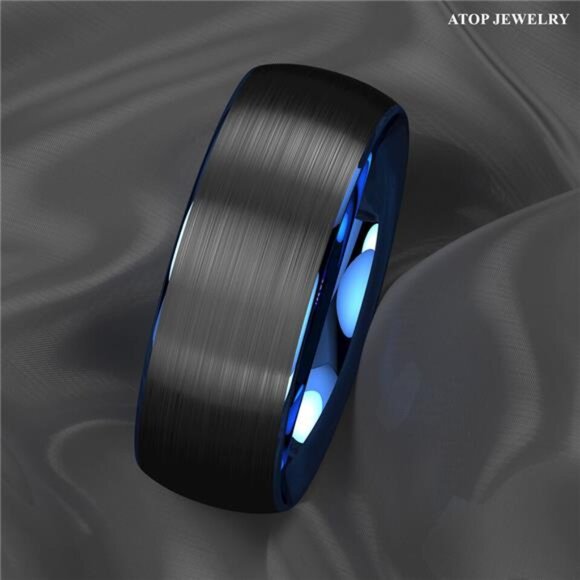 Men's Wedding Band Rings - Dome Brushed Blue Black - Wedding Rings - Picture 7 of 9